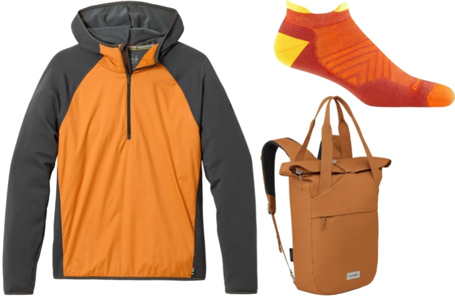 half zip hoodie, wool sock and back pack