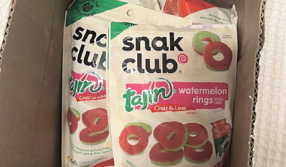 bags of snak club watermelon rings in a box