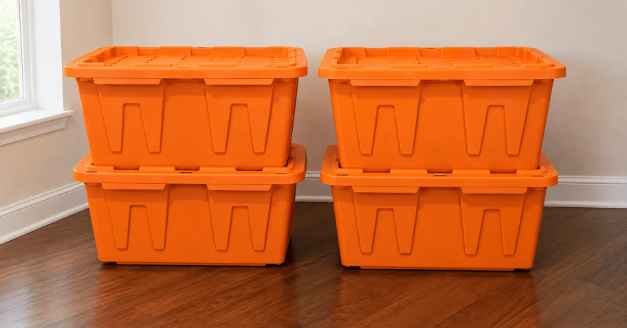 4 orange totes against a wall