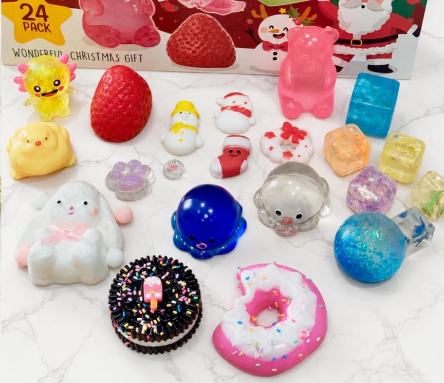 various squishy toys on counter