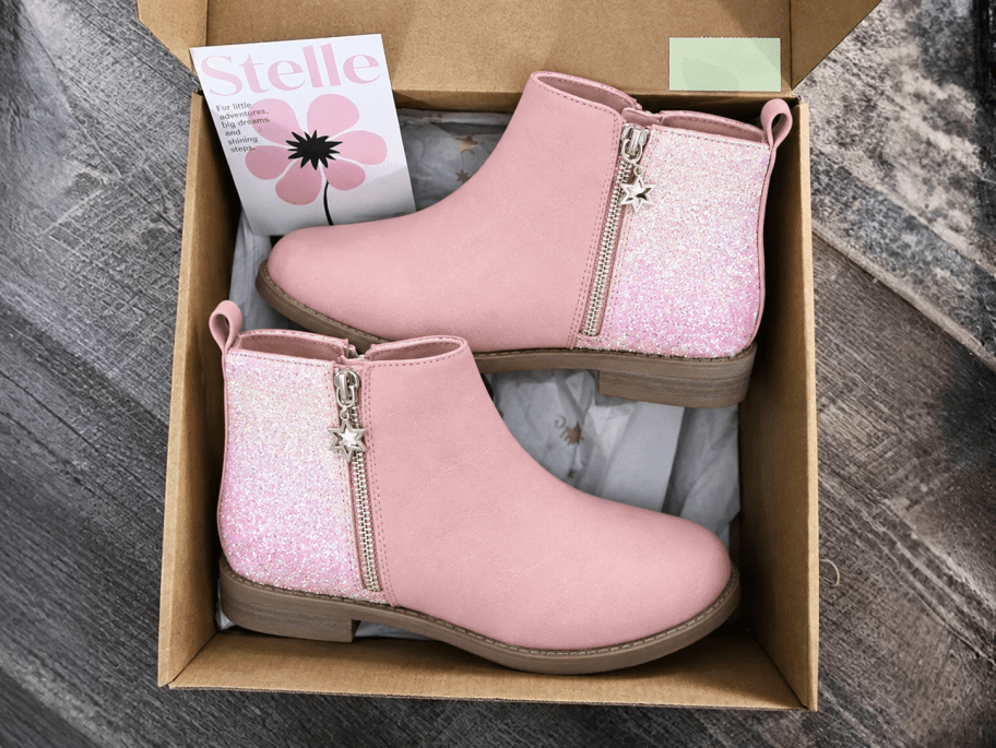 pink glitter ankle boots in a box