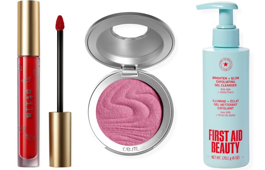 lip gloss, blush and gel cleanser