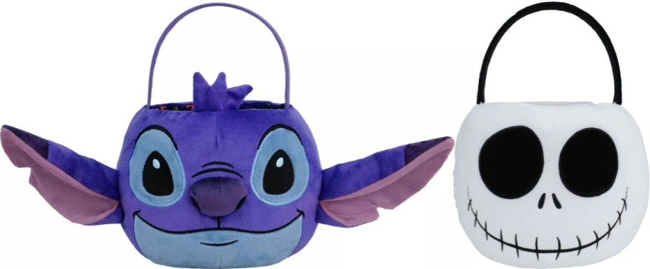 Two Halloween character trick-or-treat buckets displayed side by side, featuring a purple plush Stitch bucket with large ears on the left and a white Jack Skellington bucket with black eyes and a stitched smile on the right.