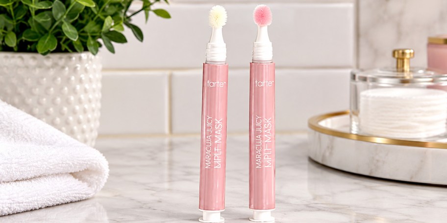 two lip masks on bathroom countertop 