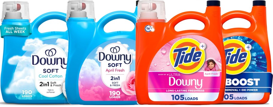 two bottles of downy and tide detergent 