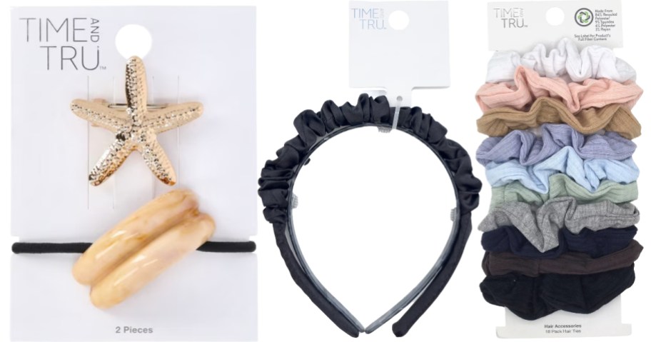 3 different styles of hair accessories - claw clips, head bands, and scrunchies