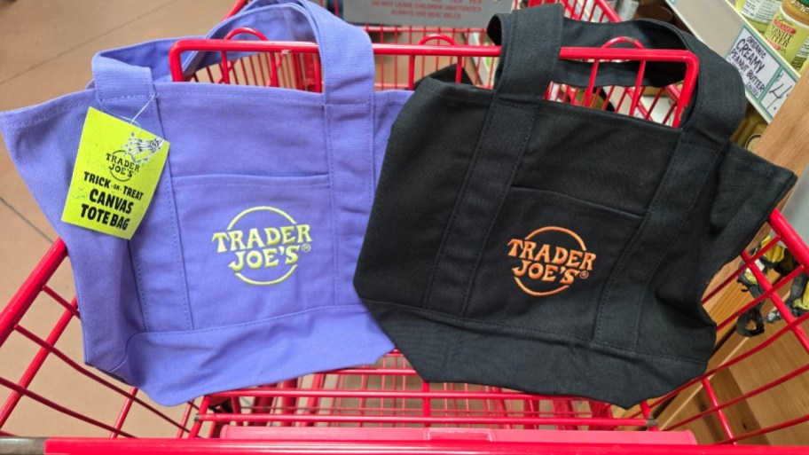 mini halloween canvas totes in a trader joes cart