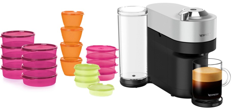 pink, orange, and green tupperware containers and black and silver coffee maker 