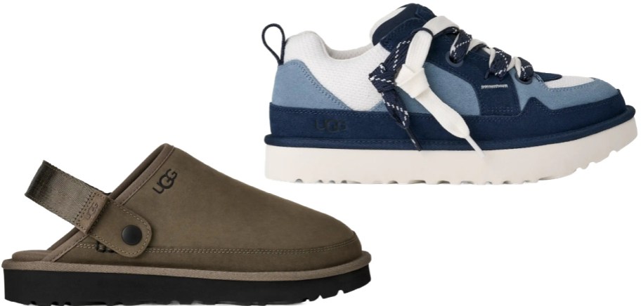 A pair of UGG shoes, including an olive green slingback clog with a thick black sole and a blue and white sneaker with chunky laces.