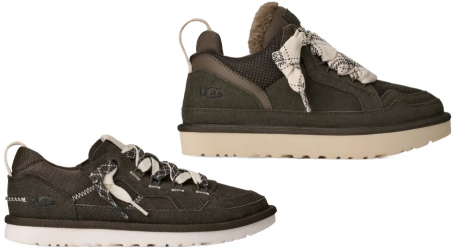 A pair of dark olive green UGG sneakers featuring thick patterned laces, mesh panels, and a platform sole.