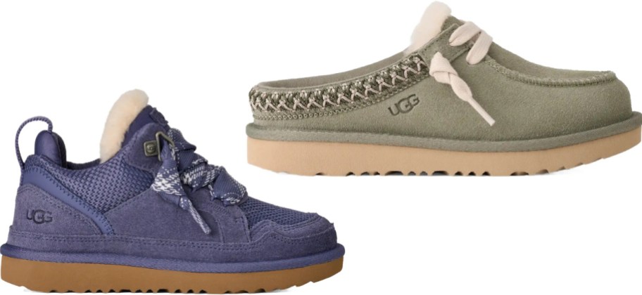 A pair of UGG shoes, including a purple lace-up sneaker with fuzzy lining and an olive green slip-on clog with patterned trim and thick laces.