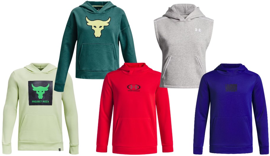 five different styles and colors of kids hoodies