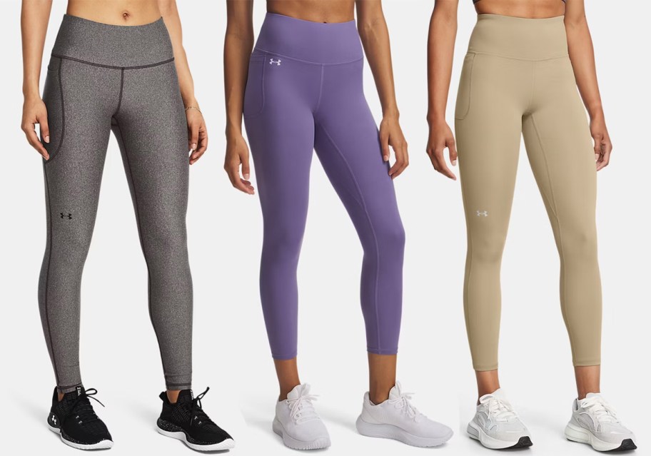women wearing gray, purple, and tan leggings 