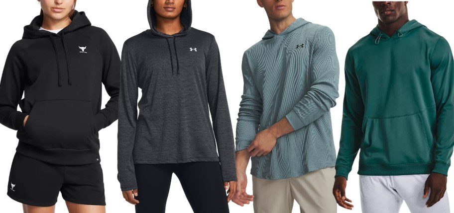 women and men wearing different styles and colors of hoodies