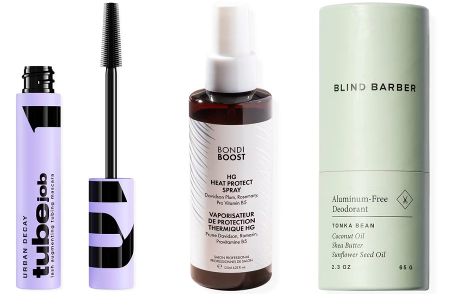 mascara, heat protect spray, and deodorant