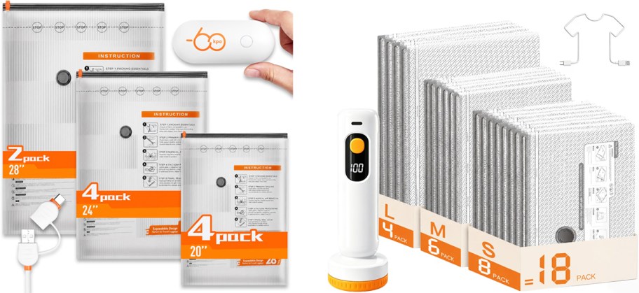 two sets of vacuum storage bags with cordless pumps