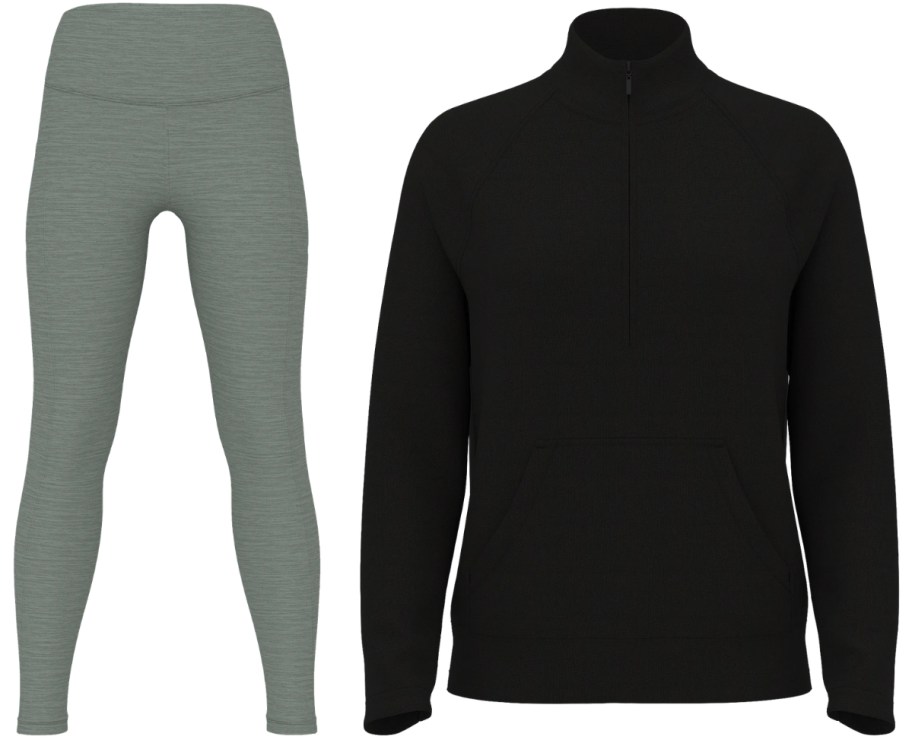 heather green leggings and a black half zip jacket