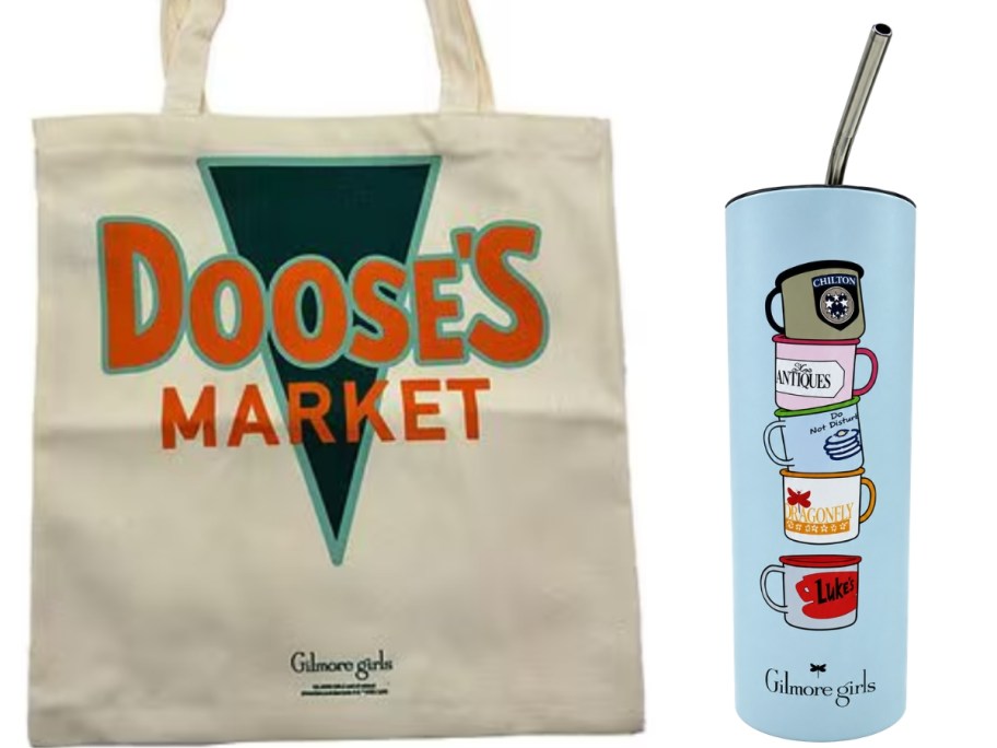 a Gilmore Girls Doose's Market Tote Bag and Travel Tumbler
