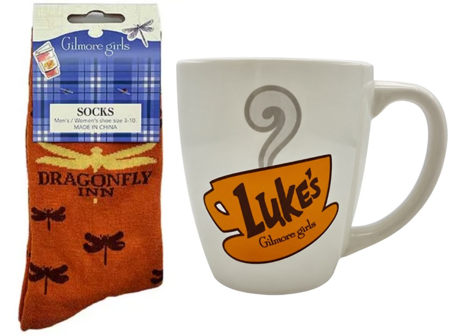 a pair of Gilmore Girls themed socks and a coffee mug with Luke's Diner logo