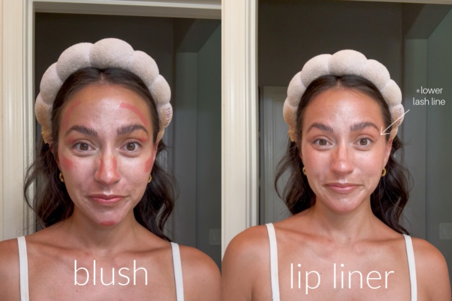 woman with blush lines and lip liner lines on face