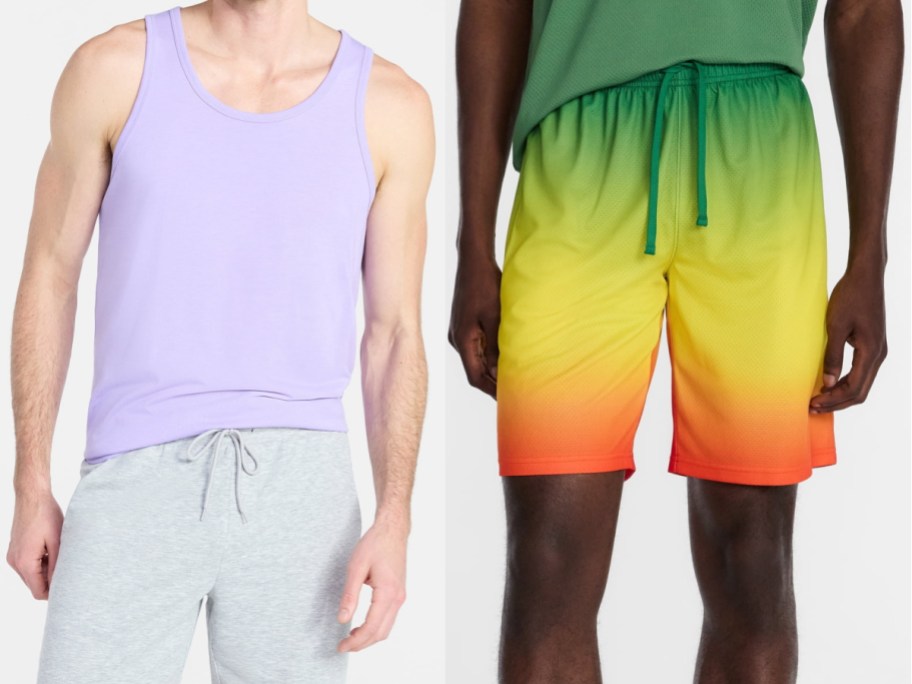 Walmart Athletic Works activewear featuring a light purple tank top paired with gray drawstring shorts on the left, and yellow-to-orange ombre athletic shorts with a green drawstring on the right.