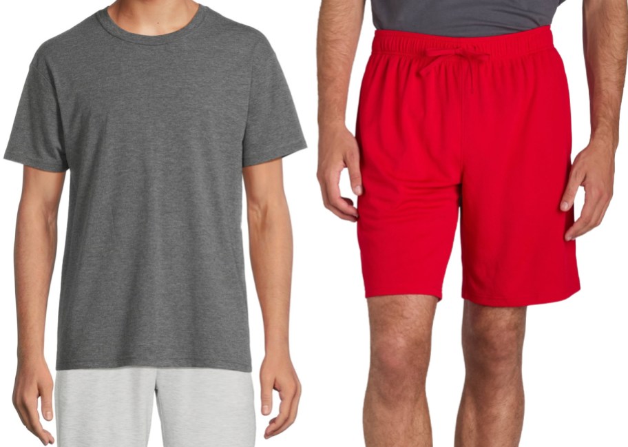 Walmart Athletic Works activewear featuring a dark gray short-sleeve t-shirt paired with light gray pants on the left, and bright red drawstring athletic shorts on the right.