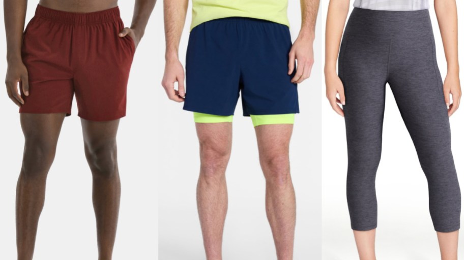 Walmart Athletic Works activewear including dark red athletic shorts on the left, navy blue shorts with neon yellow liner shorts in the middle, and dark gray heathered crop leggings on the right.