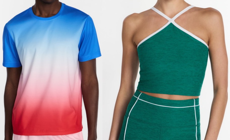 Walmart Athletic Works activewear including a blue-to-red ombre short-sleeve t-shirt on the left and a green heathered halter-style crop top with white piping on the right.