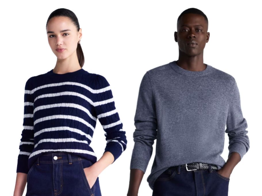 man and woman wearing cashmere sweaters on a white background