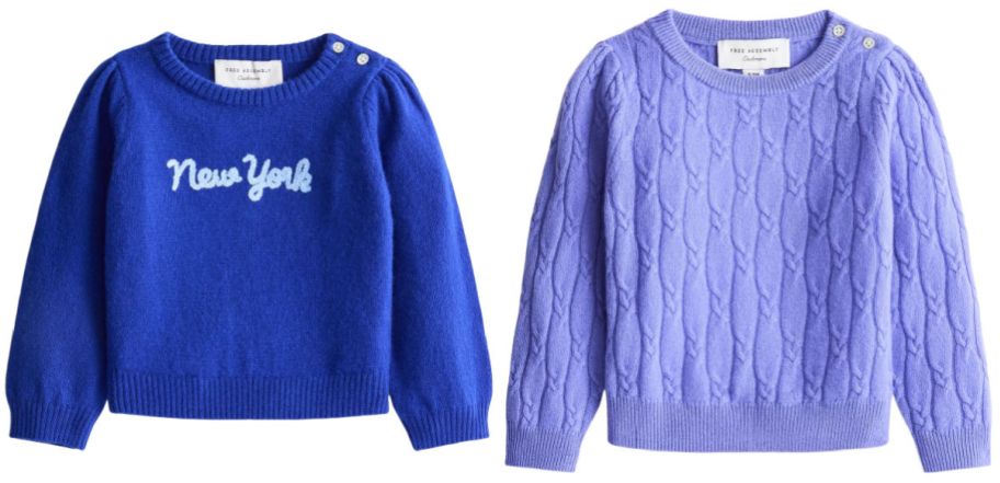 two baby's cashmere sweaters on a white background