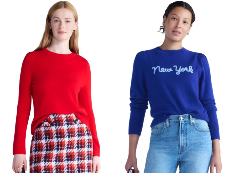 two women wearing sweaters on a white background