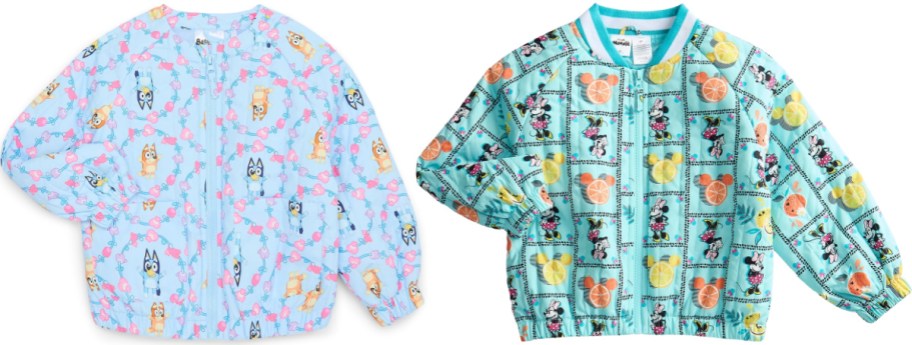 Children's character jackets shown side by side, featuring a light blue quilted Bluey bomber jacket on the left and a turquoise Minnie Mouse citrus-print quilted bomber jacket on the right.