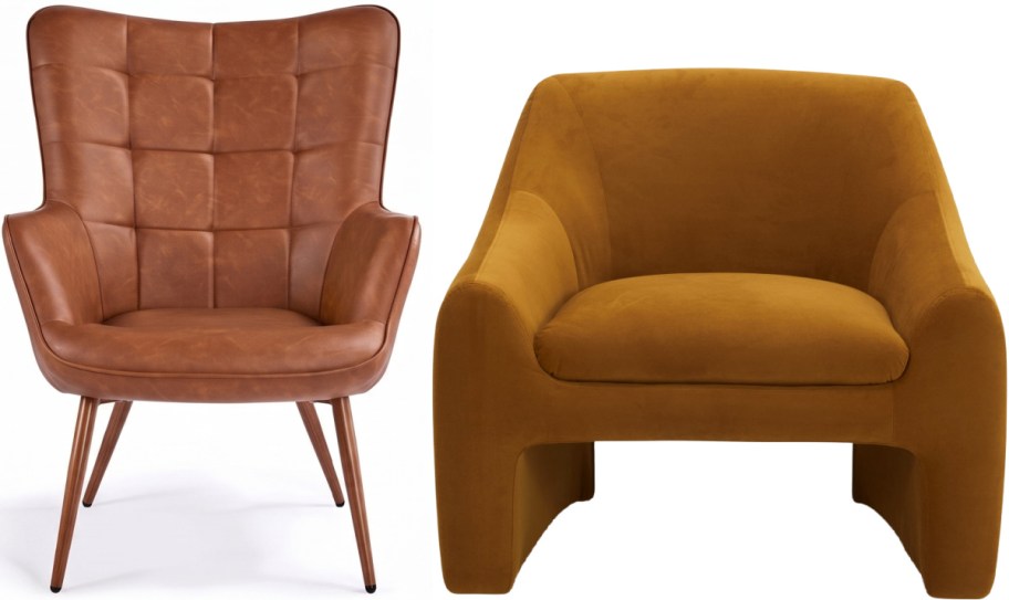 Two accent chairs shown side by side, featuring a tufted brown leatherette armchair with slender angled legs on the left and a mustard yellow upholstered armchair on the right.