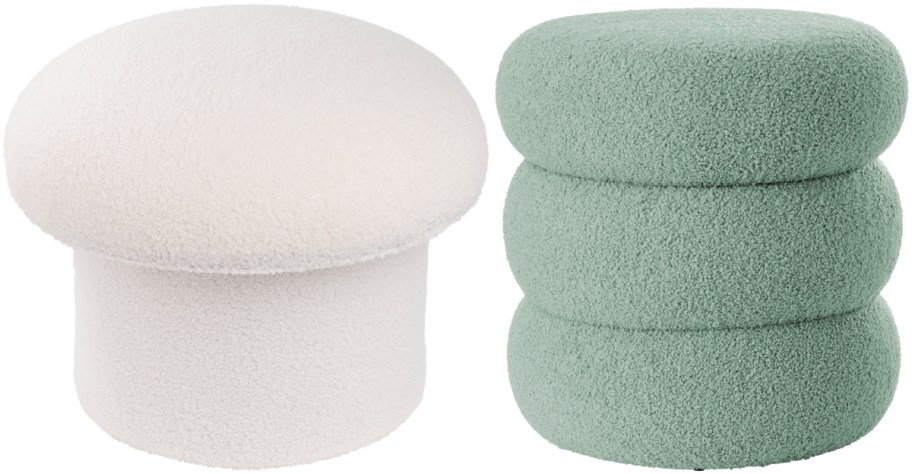 Two fuzzy sherpa ottomans shown side by side, featuring a mushroom-shaped white ottoman on the left and a stacked triple-roll sage green ottoman on the right.