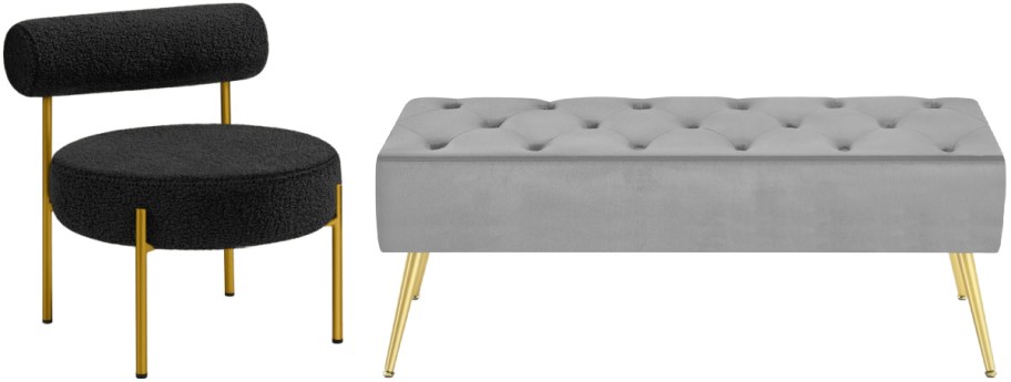 Two furniture pieces shown side by side, featuring a black sherpa accent chair with gold legs on the left and a tufted grey velvet storage bench with gold legs on the right.
