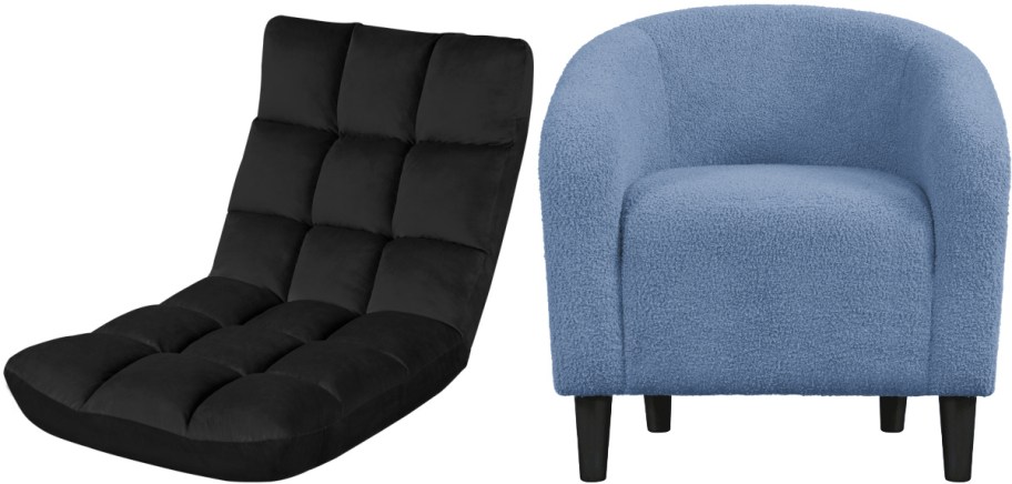 Two accent chairs shown side by side, featuring a black tufted floor chair on the left and a blue textured sherpa barrel chair with dark legs on the right.
