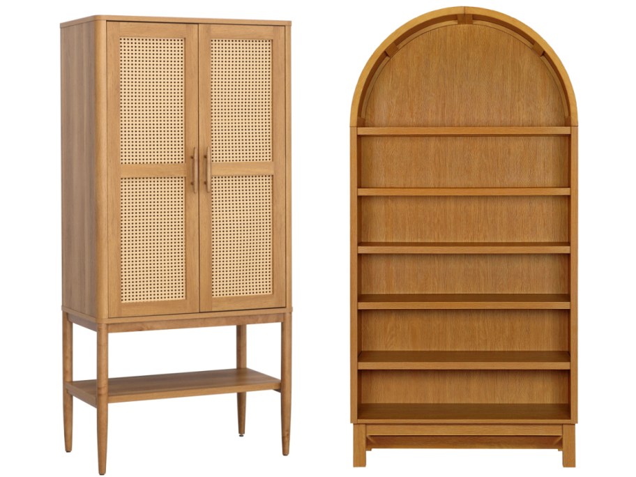 Two light wood furniture pieces shown side by side, featuring a tall cabinet with woven rattan door panels and a bottom shelf on the left and an arched bookcase with multiple open shelves on the right.