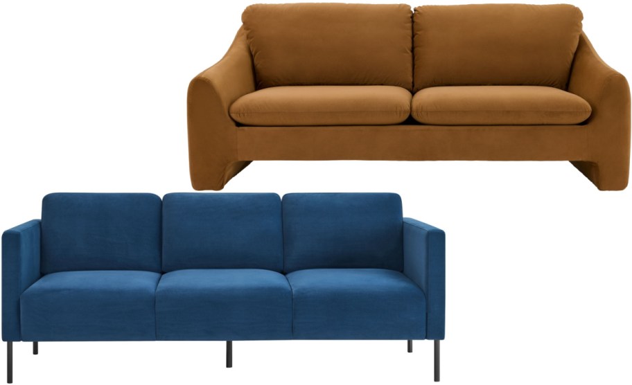Two velvet sofas shown side by side, featuring a brown couch with rounded arms on the top right and a blue couch with slender black legs on the bottom left.