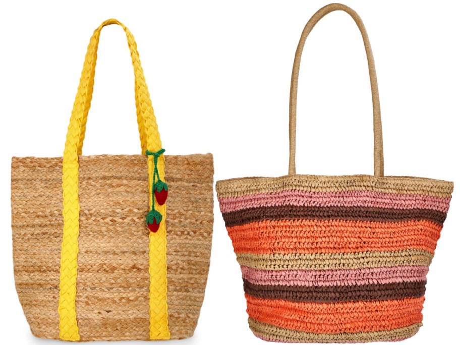 Two woven straw tote bags shown side by side, featuring a natural bag with bright yellow braided handles and a hanging strawberry charm on the left and a striped bag with horizontal orange, pink, and brown bands and thin shoulder straps on the right.