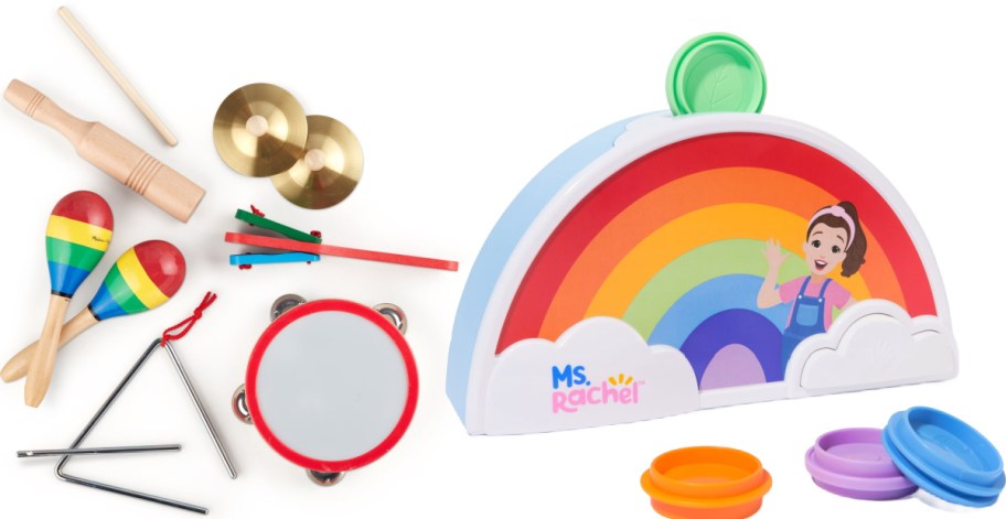 A wooden children's musical instrument set on the left, featuring maracas, a tambourine, a triangle, and cymbals, alongside a Ms. Rachel rainbow learning toy with colorful sorting cups on the right.