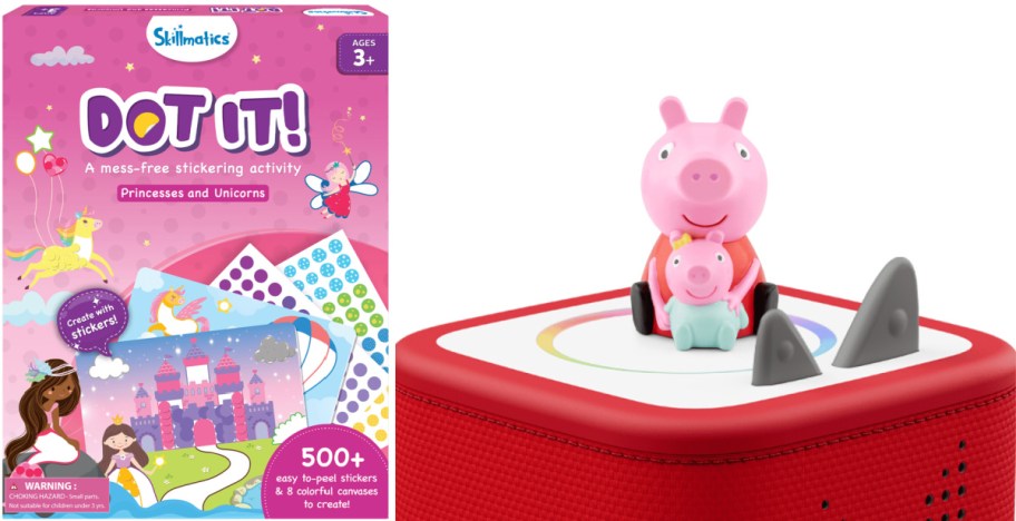 A Skillmatics Dot It! Princesses and Unicorns stickering activity box on the left, and a Peppa Pig Tonie figurine placed on top of a red Toniebox audio player on the right.