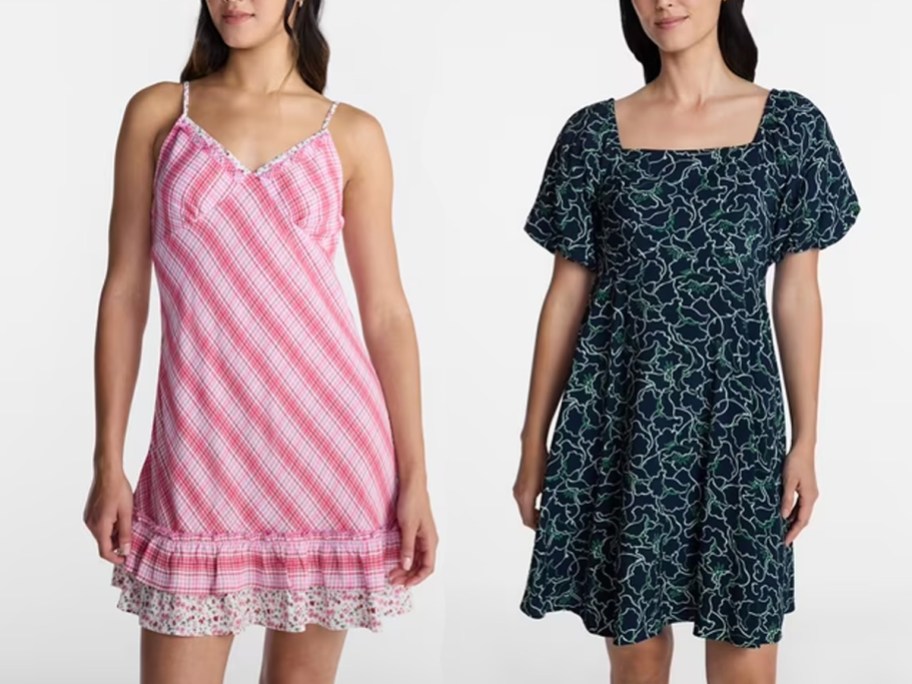 women wearing pink and blue dresses