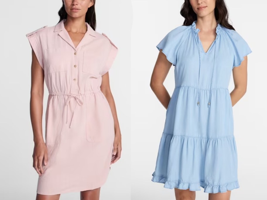 women wearing pink and blue dresses