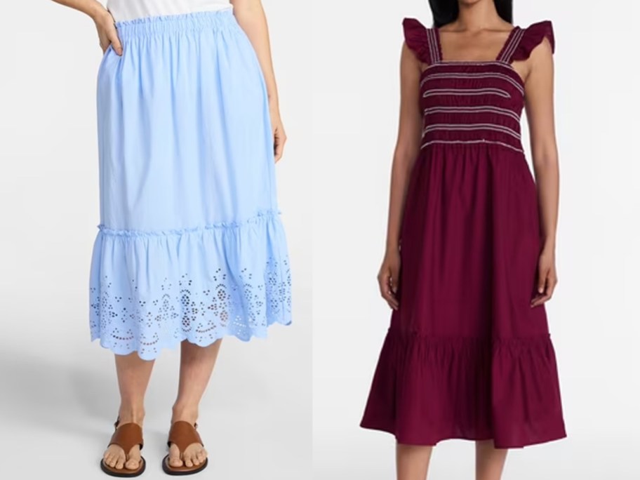 women wearing blue skirt and red dress