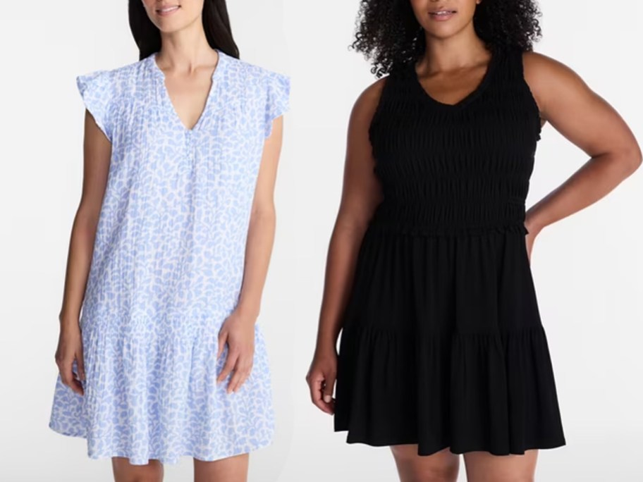 women wearing blue and black dresses