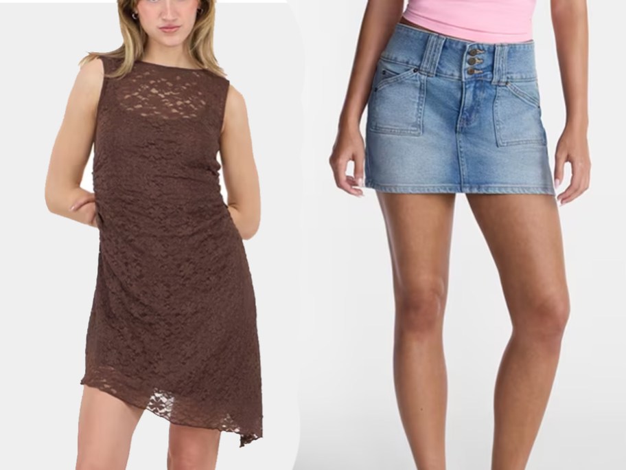 women wearing brown dress and blue skirt