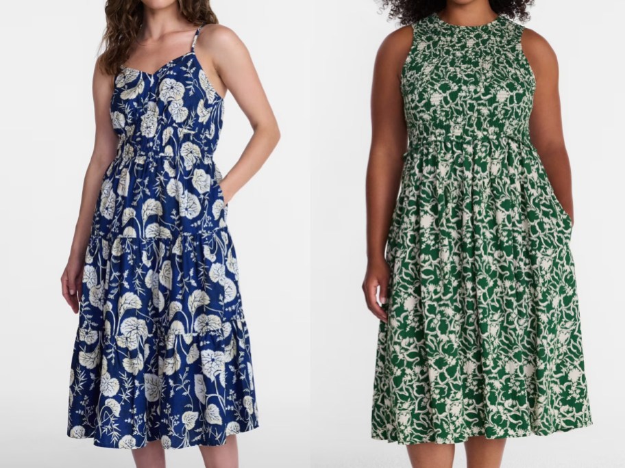 women wearing blue and green dresses