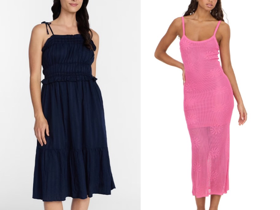 women wearing blue and pink dresses