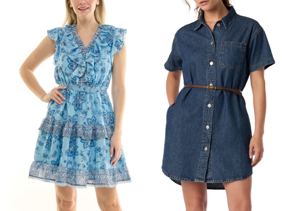 women wearing blue dresses