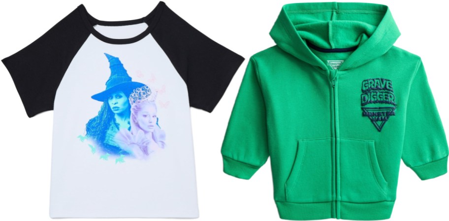 Children's character apparel shown side by side, featuring a white raglan t-shirt with a Wicked movie graphic on the left and a green Monster Jam Grave Digger zip-up hoodie on the right.